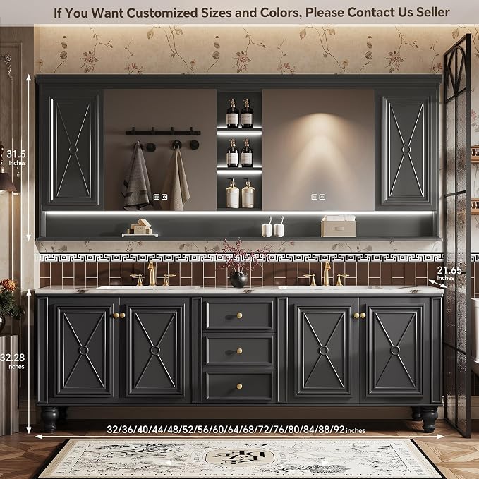 Double Sink Bathroom Vanity, Luxurious Bathroom Vanity with LED Smart Defog Mirror, Solid Freestanding Wood Vanity Sink Cabinet