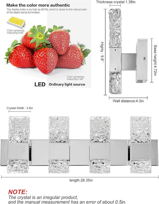 Modern LED Bathroom Vanity Light Fixtures Chrome Stainless Steel 4 Light Wall Sconces for Bathroom Lighting Fuxture Over Mirror 28 Inch 40w LED Crystal Wall Light Cool White 5800K