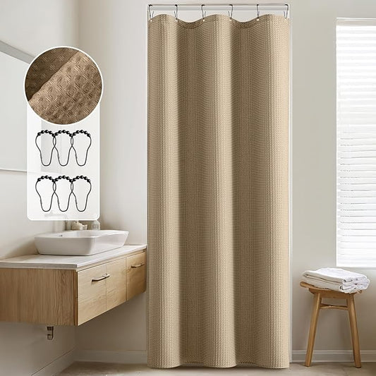 MIULEE Stall Waffle Weave Fabric Stand Up Shower Bath Curtain with 6 Metal Hooks Small 260GSM Heavy Washable Waterproof Narrow Thick Cloth Half Shower Curtains Set for Bathroom Hotel,W36*L72,Khaki