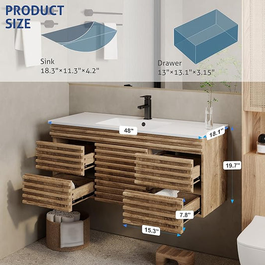 eclife 48" Floating Bathroom Vanity with Sink Combo Mid-Century Wall Mounted Cabinet with Wood Stripes Decor, Drawers, Undermount Single Sink, Faucet, Drain, Light Walnut
