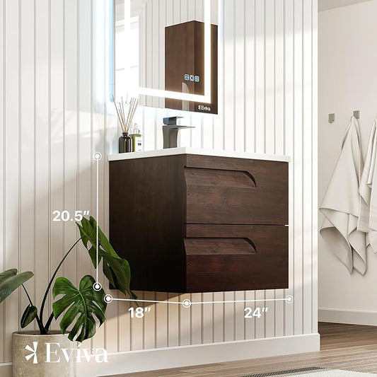 Eviva Joy 24 in. Rosewood Wall MountSingle Sink Bath Vanity with Porcelain Top and Integrated Sink