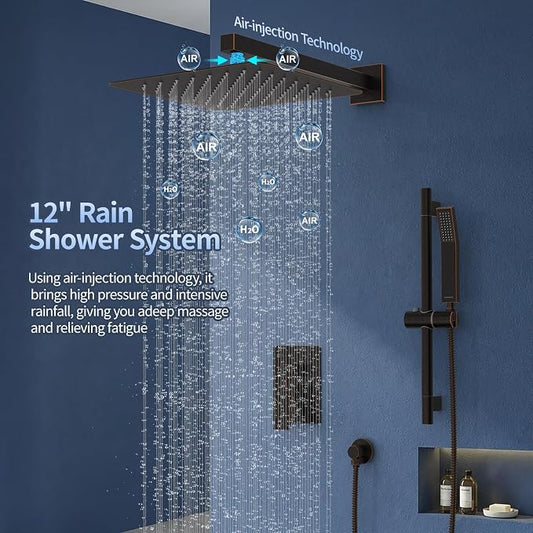 SR SUN RISE 12 Inch Square Shower System with Slide Bar,Oil Rubbed Bronze | Rain Head and Handle System,16" Adjustable Shower Slide Bar,Soild Brass,Wall Mount,Included Valve and Trim Kit