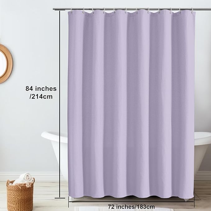 Extra Long Shower Curtain Set - 84 Inch Long Waffle Weave Heavy Duty Cloth Shower Curtain for Bathroom, Luxury Weighted 230GSM Bath Curtain Set with 12 Plastic Hooks, 72Wx84L, Lavender