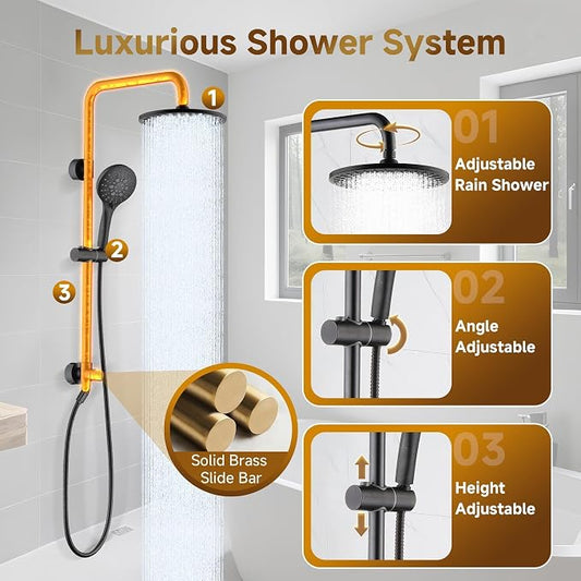 BRIGHT SHOWERS Rain Shower Heads System - 9 Inch Rainfall Shower Head and Handheld Shower Head with Height Adjustable Holder, Solid Brass Rail and 60" Long Stainless Steel Hose, Oil-Rubbed Bronze