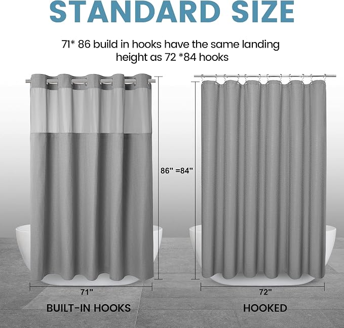 EUTXL Heavyweight No Hook Shower Curtain with Liner, Grey,71x86 | Snap in Liner, 256GSM Thick Waffle Fabric, Hotel Luxury Spa, Corner Magnets, Quick Dry, Waterproof & Washable, Extra Long