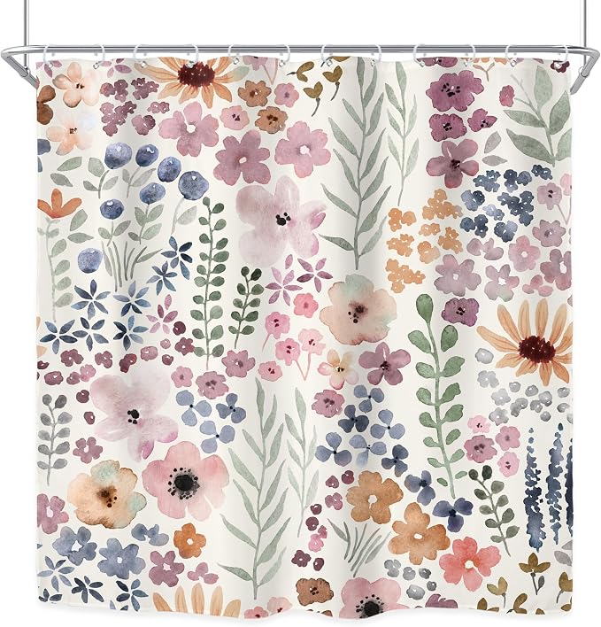 Cute Floral Flower Watercolor Spring Botanical Bathroom Shower Curtain Set | 72"W x 72"H Rustic Plant; waterproof HD print, quick-dry fabric with 12 hooks for easy hanging.