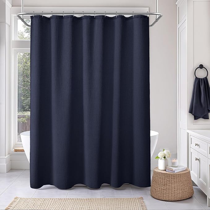 Extra Long Waffle Shower Curtain - Navy Blue Cotton Texture Fabric Heavyweight Shower Curtains for Bathroom,72Wx84L