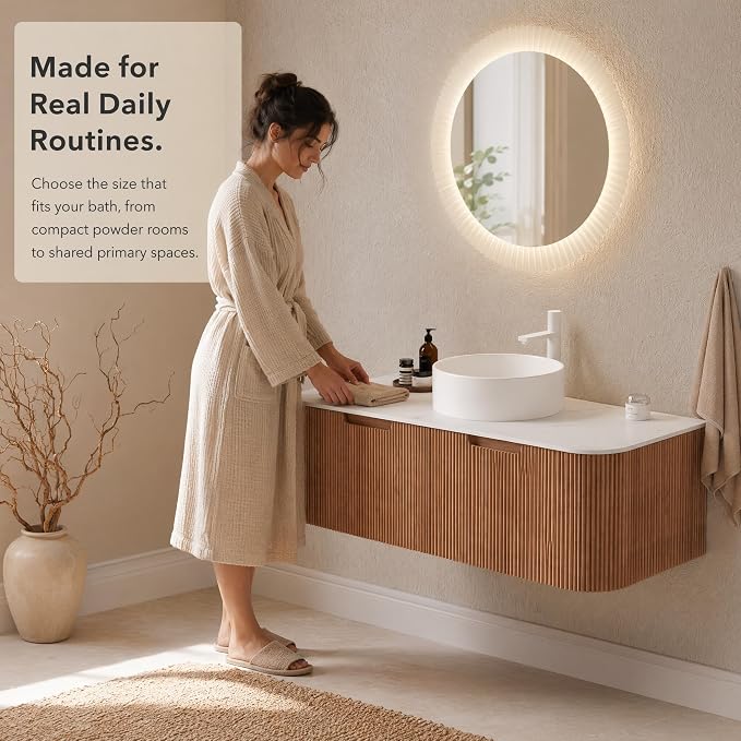 48 Inch Bathroom Vanity with Sink, Floating Wall Mounted Single Sink Vanity, Natural Woodgrain Curved Fluted Front, Stone Top, Pure White Round Vessel Basin, Pre-Assembled