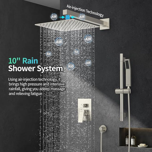 SR SUN RISE 10 Inch Square Shower System with Slide Bar,Brushed Nickel | Rain Head and Handle System,16" Adjustable Shower Slide Bar,Soild Brass,Wall Mount,Included Valve and Trim Kit