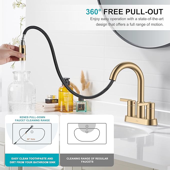 Champagne Bronze Pull Down Centerset Bathroom Faucet 4 Inch 2 Handle | Pull Out Bathroom Faucet with Pop Up Drain & Supply Lines, Lead-Free cUPC & NSF Certified, 3 Hole Faucet for Vanity RV Bar