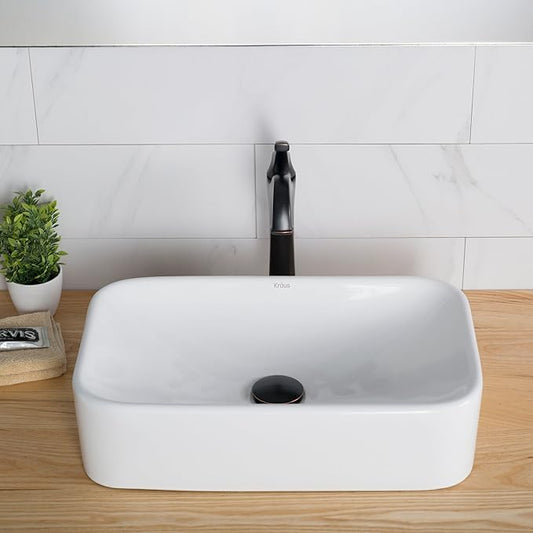 KRAUS Elavo Rectangular Vessel White Porcelain Ceramic Bathroom Sink, 19 inch KCV-122