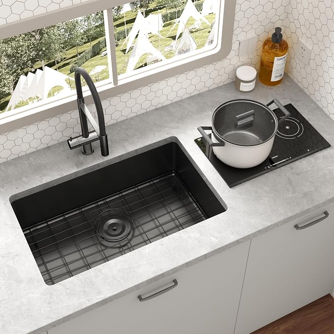 Kitsitchen Black RV Kitchen Sink,16 Gauge T304 Stainless Steel Undermount Kitchen Sinks with Strainer & Bottom Gird, 25"x16"x7" Single Bowl Drop In Kithcen Sink RV, Outdoor,Bathroom and Trailer