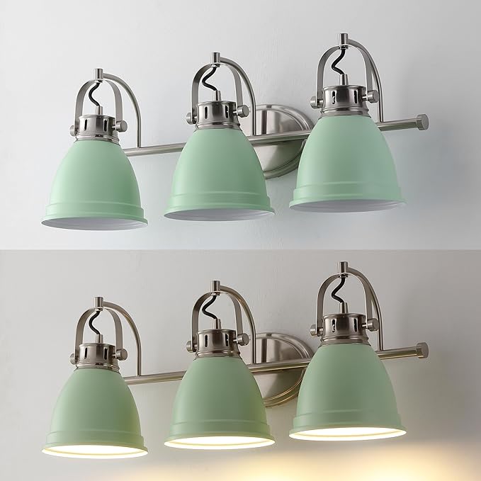 JONATHAN Y 25.5" Mint Green/Nickel 3-Light LED Vanity Light, Adjustable Wall Sconce for Bathroom Mirror, Farmhouse Bohemian Kitchen Light, Iron Black Bell Shade (JYL1116C)