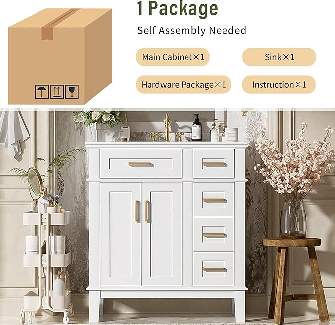 Favfurish 30" Bathroom Vanity with Ceramic Sink, Modern Storage Cabinet with Soft-Close Doors,Deep Drawer & Standard Drawer, Stylish Bath Vanity for Small Bathroom,Easy Assembly,White