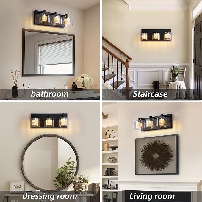 Somniferous 3-Light LED Vanity Light, Modern Bathroom Light Fixtures Over Mirror with Clear Glass Shades, 3000K/4000K/5000K Selectable, Dimmable Matte Black Vanity Lights for Bathroom