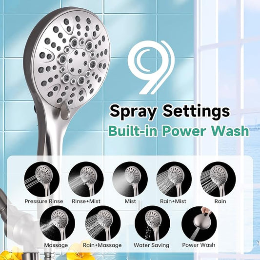 BRIGHT SHOWERS High Pressure Shower Head with Handheld, 9 Spray Settings Showerhead Built in Power Wash to Clean Tub and Pets, Extra Long 69" Hose, Adjustable Bracket, Brushed Nickel