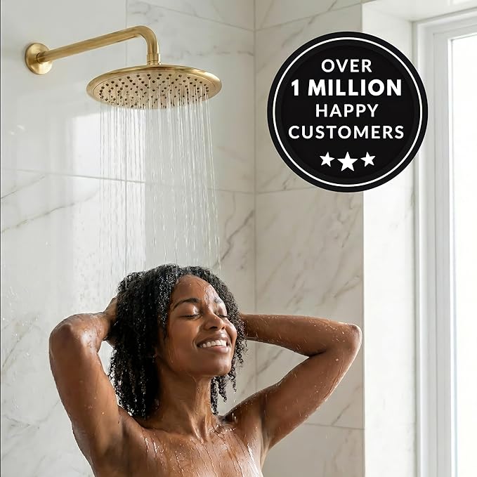 Waterfall Showerhead - 2.5 GPM - Polished Brass | 9 Inch Large Overhead Rain Shower Head With Self-Clean Nozzles, Adjustable Brass Ball Joint, High Flow Best With Extender Arm