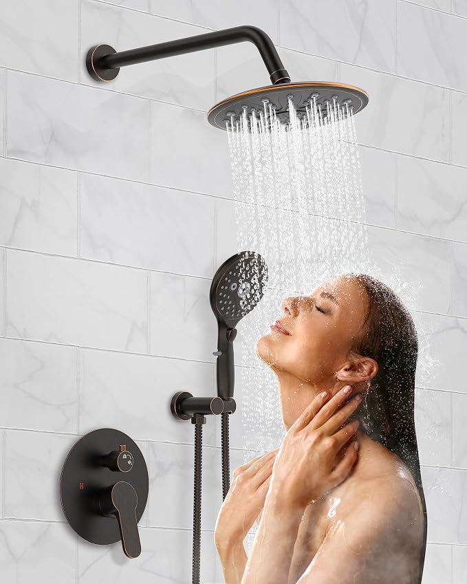 SunCleanse Oil Rubbed Bronze 8.5'' Shower System w/Handheld & Valve Kit | 2-IN-1 Shower Faucet Set, 7-setting Handheld Shower Head, Rough-in Pressure-balanced Valve and Trim Kit