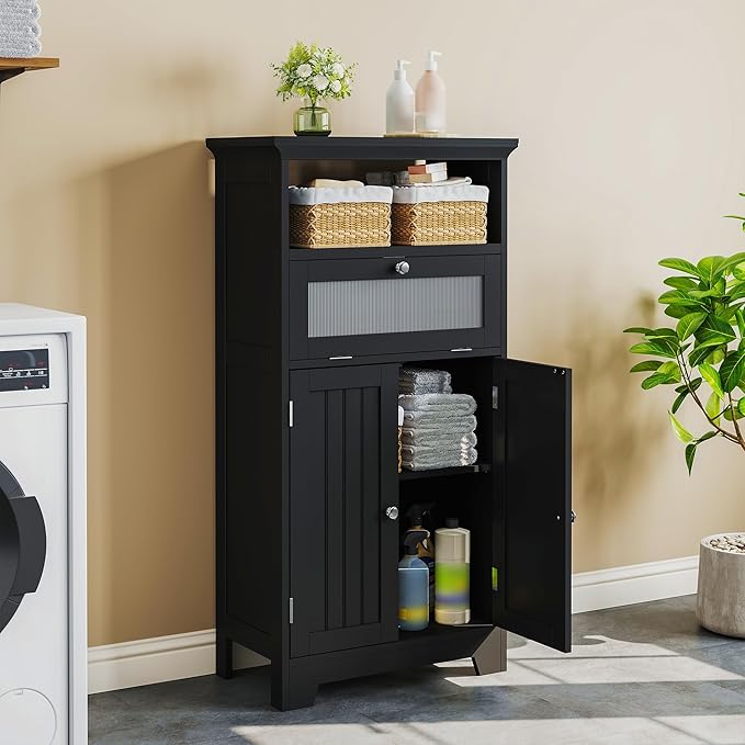ChooChoo Bathroom Cabinet with Flip Glass Drawer,Freestanding | Adjustable Shelf & 1 Open Storage, Living Room, Hallway, Black