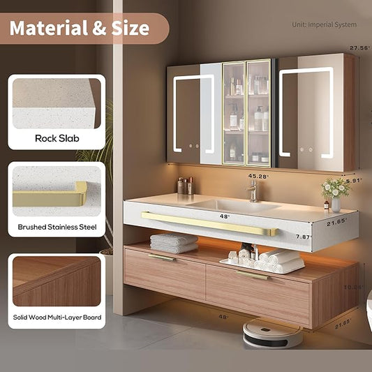 48-Inch Single Sink Vanity with Medicine Cabinet, Mirror Defogger, Wall Mounted Touch Dimming Floating Storage