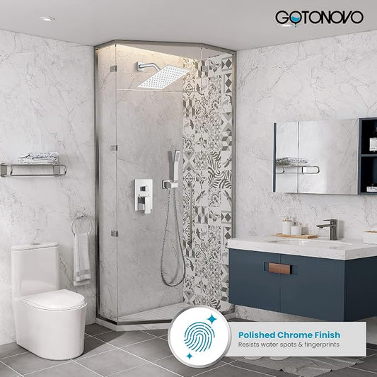 gotonovo Shower Faucet Set with Handheld Spray Polished Chrome,8'' Head | SUS304 Rainfall Shower Head and Handle Set System Fixture,Pressure Balance Valve Trim Kit,Single Handle,Wall Mount,All Metal