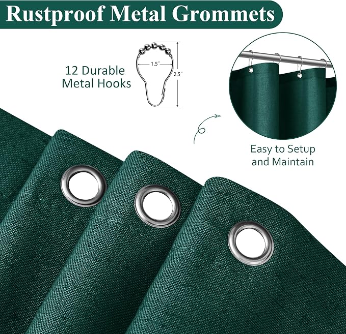 Dark Green Linen Shower Curtain, Country Boho Farmhouse Bath Decor Shower Curtains Neutral Cloth Weighted Textured Fabric Bath Curtain Liner with Hooks, 72x80