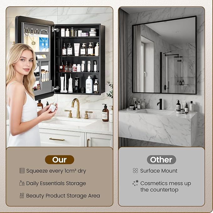 24x30 Black Medicine Cabinet Mirror, Recessed or Surface Mount | Built-in makeup organizer with lipstick slots, Brush holders and inner mirror; 3 adjustable shelves; Rustproof aluminum