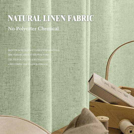 Linen Shower Curtain Flax Green, Fabric Boho Farmhouse Shower Curtains for Bathroom Cotton Natural Cloth Liner Set 72" W x 72" L