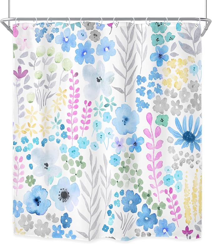 Extra Long Blue Grey Floral Wildflower Boho Art Bathroom Shower Curtain Set | 72"W x 84"H Watercolor Leaves; waterproof HD print, quick-dry fabric with 12 hooks for easy hanging.