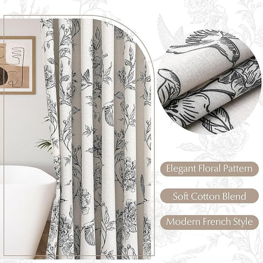 MitoVilla Black Farmhouse Shower Curtain Set, Cotton Floral Hummingbird Cottagecore Spring Shower Curtains for Bathroom, Modern Country Bathroom DΓ©cor, 72" W x 72" L