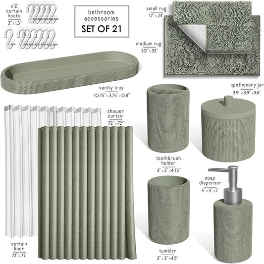 Clara Clark Sage Green Bathroom Set - Bathroom Sets with Shower Curtain and Rugs, 21PC Bathroom Accessory Set, Shower Curtain Set with Soap Dispenser & Toothbrush Holder