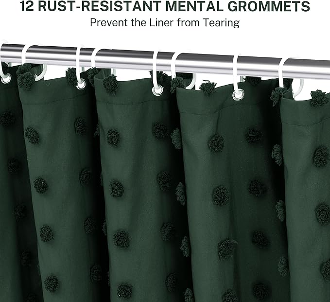 Extra Long Boho Farmhouse Shower Curtain Woven Fabric 84 Inch Dark Green Shower Curtain, 72 x 84 Tufted Pleat Floral Puffs Textured Modern Minimalist Hunter Green Shower Curtain Set for Bathroom