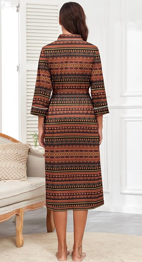 PrinStory Robes for Women 3/4 Sleeve Long Bath Robe XS-4XL | V-Neck Knit Bathrobe with Pockets, Lightweight, Soft, Breathable Robes for Shower, Spa, Travel, Home, Party, Nursing