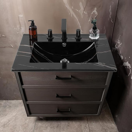 JONATHAN Y Ancillary 24" Bathroom 3-Hole Sink Top, Black Marble Effect | Ceramic Vanity, 18.25" Rectangular Single Basin, Glossy Finish, 8" Centerset Faucet Holes, Overflow Drain, Contemporary Style