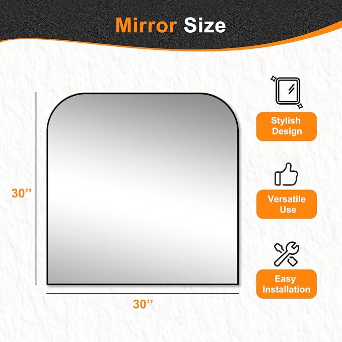 30"x30" Black Metal Framed Bathroom Mirror for Over Sink | Rounded rectangle shape. Shatterproof HD glass, all mounting hardware for bathroom, bedroom, entryway.
