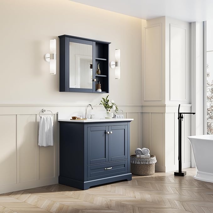 WELLFOR 36" Bathroom Vanity with Sink, Bathroom Freestanding Vanity W/ 2 Soft-Close Doors and 1 Soft-Close Drawers, Bathroom Cabinet Vanity with Cultured Marble Countertop (Navy Blue)
