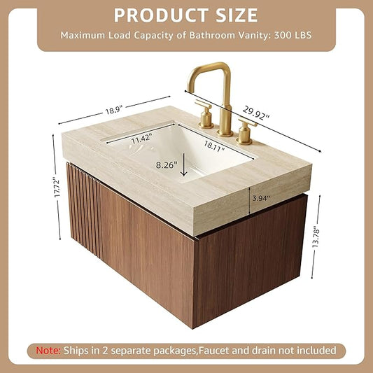 30” Floating Bathroom Vanity with Sink, Wall-Mounted Cabinet with Drawer & Doors, Roma Travertine-Pattern Countertop, Undermount Basin, 3 Faucet Hole, Soft-Close, Pre-Assembled, Brown Oak