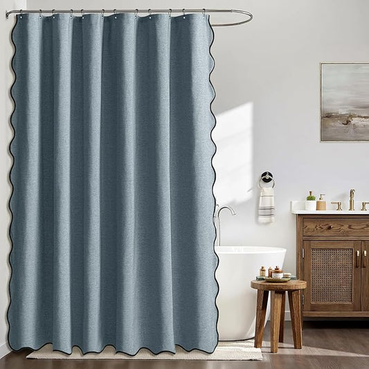 MIULEE 72"x84" Extra Long Scalloped Linen Shower Curtain Dusty Blue | Linen Textured, Waterproof, Washable, 12 Metal Hooks, Heavy Duty Cloth, Black Border, Shower Curtain for Bathroom Bathtub