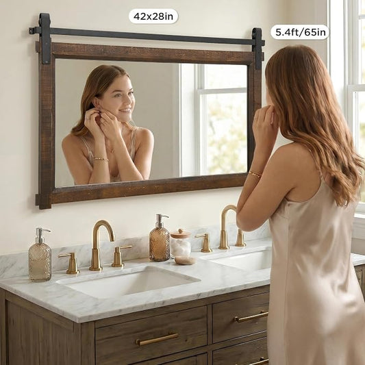 Besdomus Farmhouse Bathroom Vanity Mirror: 42"x28" Brown Rustic Barn Door | No Assembly Required Soild Wood Frame - Large Decorative Mirror for Dining Room/Entryway/Bathroom - Ideal for Home Renovation