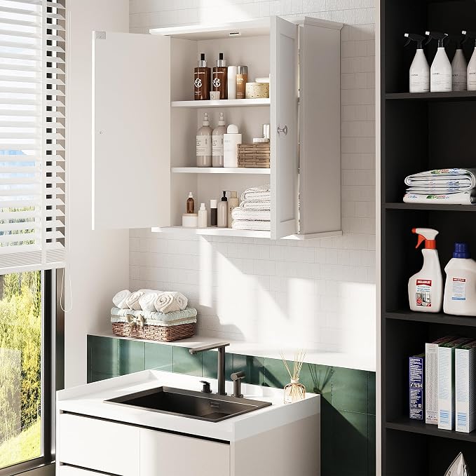 Bathroom Wall Cabinet, Bathroom Cabinet Wall Mount, Over the Toilet Space Saver Storage Cabinets, White Medicine Cabinets with 2 Doors