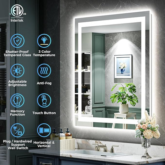 40x40 Inch LED Bathroom Mirror with Lights Front and Backlit Lighted Vanity Mirror for Bathroom Wall with 3 Colors Dimmable Anti-Fog Memory Shatter-Proof IP54 Waterproof Horizontal/Vertical