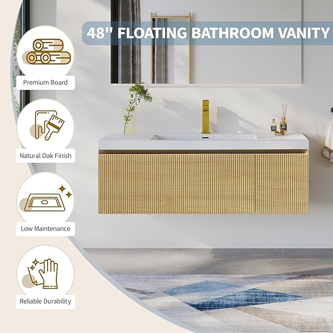 48'' Floating Bathroom Vanity with Sink Combo, Modern Wall-Mounted Striped Bathroom Storage Cabinet with Soft-Close Drawer and Glossy White Solid Surface Basin, Natural Oak, No Assembly Required