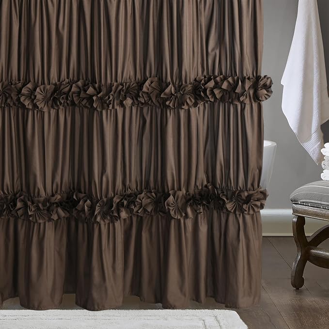 Homechoice Decor Victorian Chocolate Ruffle Shower Curtain 72" W x 72" H | Vintage Handcrafted Bow Tie Bath Curtain for Master Bathroom, Ruched Microfiber Bathroom Curtain with 12 Buttonholes (LQ-10)