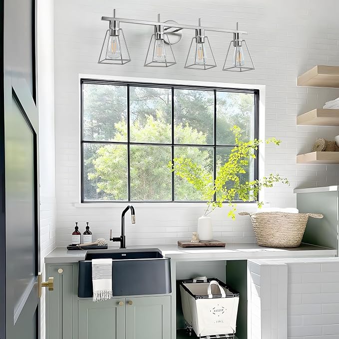 Industrial Bathroom Vanity Lights: 4-Light Silver Brushed Nickel Vintage Metal Cage Wall Sconce - Rustic Farmhouse Light Fixture Over Mirrors Cabinet for Bath Hallway