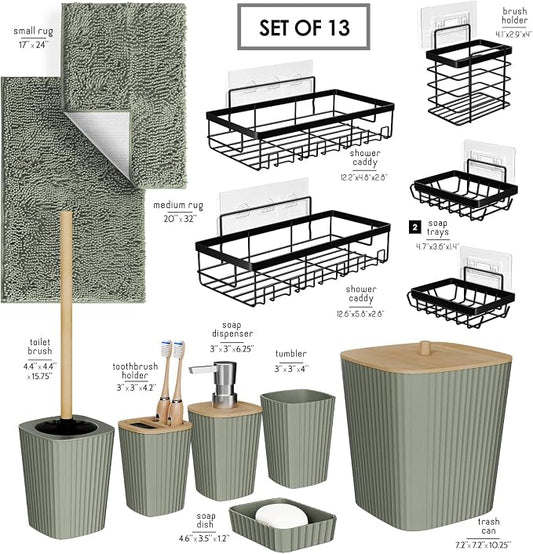 Clara Clark Bathroom Set - Sage Green Bathroom Accessories Set, 6PC Bathroom Accessory Set, Bathroom Sets with Bathroom Rugs, Adhesive Corner Shower Caddy Hanging, Toilet Brush & Trash Can