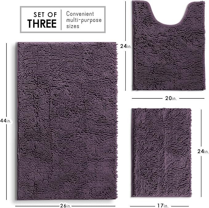 Hearth & Harbor Bathroom Rugs, Chenille Bath Mat - Machine Washable Bath Mats for Bathroom Non-Slip Backing Rubber, Quick Dry Mat - Purple Bath Rug, 17x24-26x44-20x24