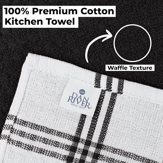 DAN RIVER Black Kitchen Towels,12 Pack,16x26 Inches Absorbent Dish Towels | 100% Cotton Absorbent Soft cotton kitchen towels for drying dishes, Quick Dry, Dish Towels for kitchen,Tea and Bar towels set