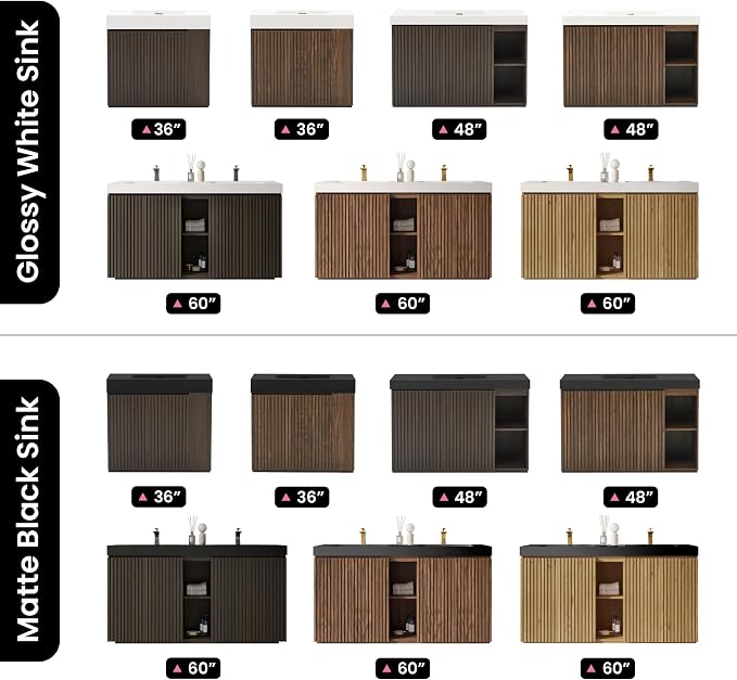 60" Double Bathroom Vanity with Sink (8" Widespread Faucet Holes Predrilled), Mid Century Modern Bathroom Cabinet with 4 Doors & Shelves, White Integrated Sink with Overflow, Dark Oak