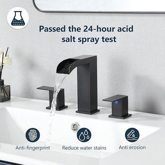 VCCUCINE Matte Black Bathroom Faucets 3 Hole, 8 Inch Widespread Square Waterfall Bathroom Sink Faucet,Black Vanity Bathroom Faucets for Vanity, Restroom, Commercial with Pop Up Drain and Supply Lines