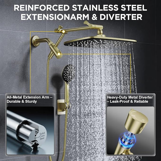 Veken Gold 11.8" High Pressure Shower Head with Handheld, Leak-Proof Design | Handheld Shower Head with Multi Spray Modes,Rainfall Combo with 15" Metal Extension Arm,Detachable Dual Shower,Regaderas Para